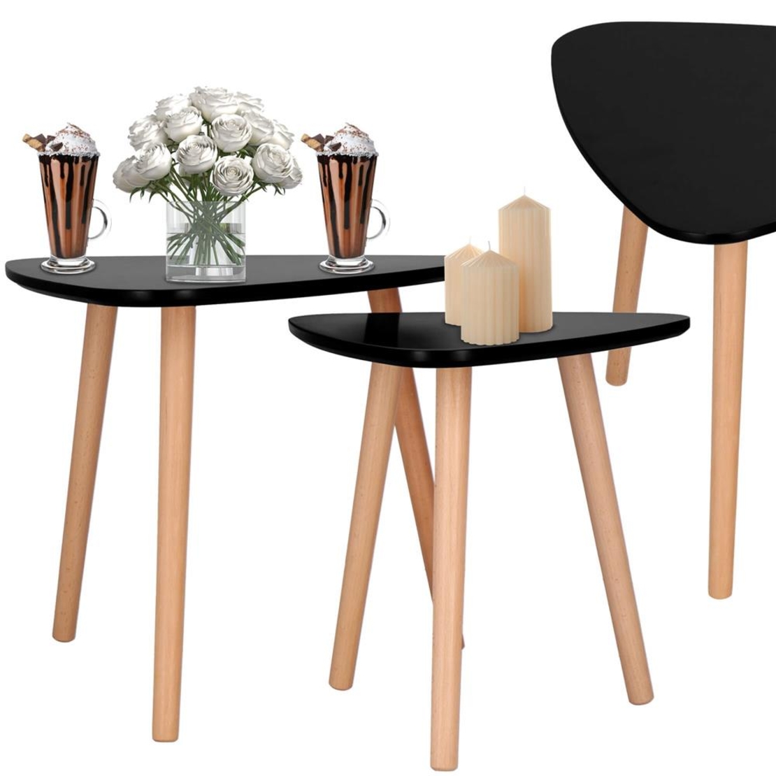 Set 2 mese de cafea, ovale, 54x45 cm si 41x40 cm, Blat MDF, Picioare lemn, Negru