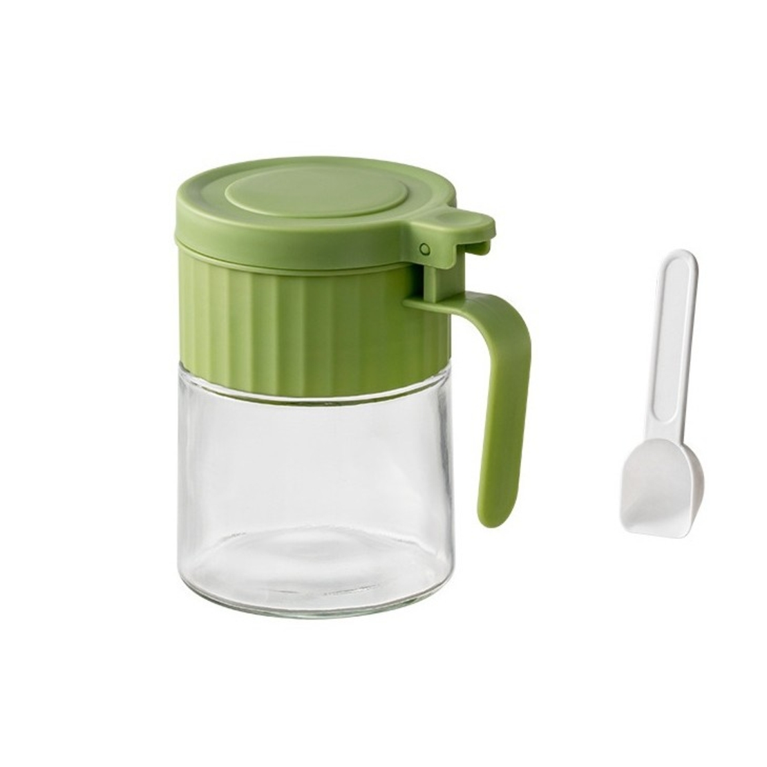 Recipient Condimente, Vafy, din Stilca, 180 ml, cu Maner si Lingurita, 10.6 x 7 x 7 cm, Capac Mat, Verde