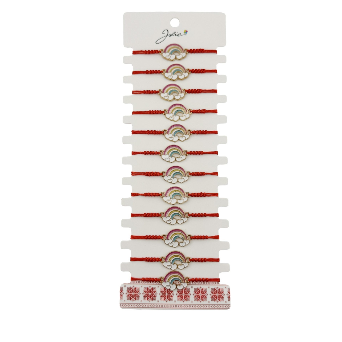 Bratara Martisor pentru Dama, Jolie, Model Curcubeu cu Inimi, Set 12 bucati, Pandativ din Inox Auriu, Snur Ajustabil Impletit, Rosu