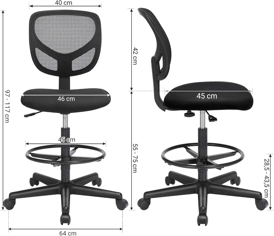 SONGMICS Scaun de birou inalt pentru atelier sau studio, fara brate, cu suport picioare, reglabil pe inaltime, 64x64x117 cm, negru