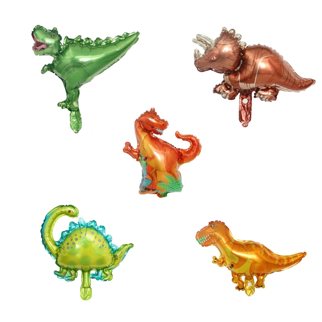 Set 5 Baloane Folie Metalizata, Flippy, Figurine Dinozauri, 30 cm, Ambalaj Individual, Pai inclus, Umflare cu Aer sau Heliu, Multicolor