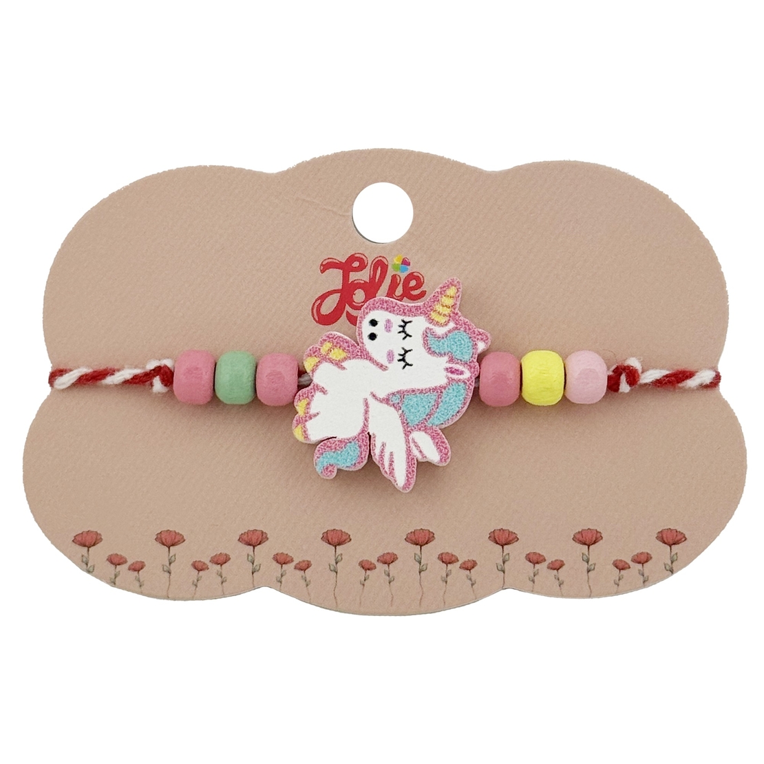 Bratara Martisor pentru Copii, Jolie, Pandativ Unicorn, cu Margele Multicolore, Snur Alb/Rosu, Alb/Roz