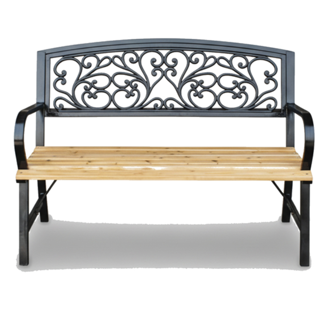 Banca de gradina din lemn si cadru otel, cu spatar decorativ, 120x56x87 cm, negru si maro natur