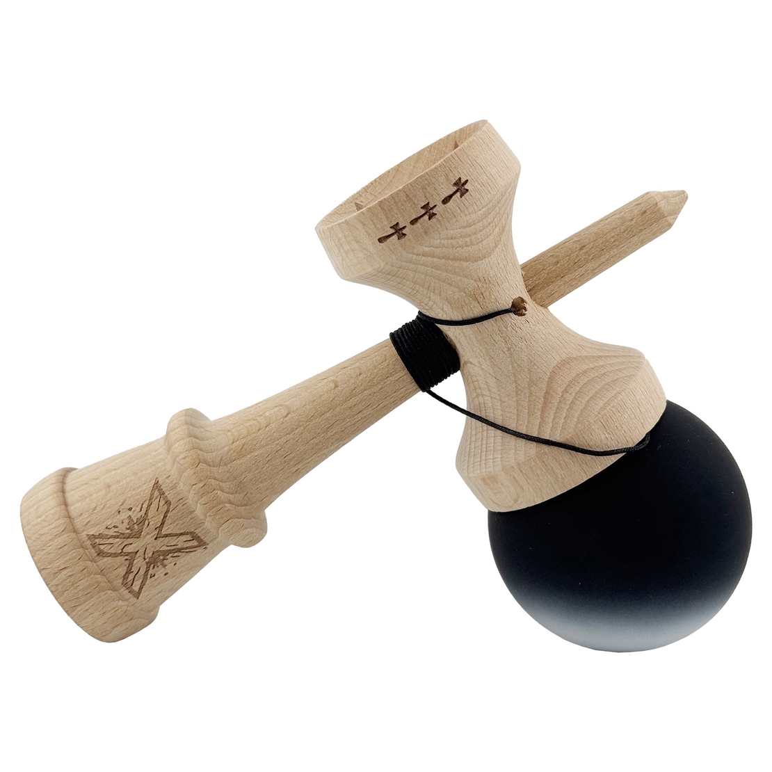 Kendama X Originala, Profesionala, Flippy, Cupe Mari KING SIZE V3, Rubber Grip, Gaura in Baza, Rulment Metalic, din lemn 18 cm, Ata 62/65 cm, Gradient Negru/Alb