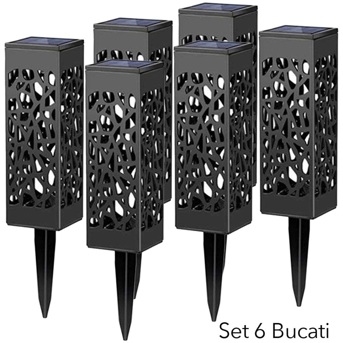 Lampa solara LED, Flippy, Set 6 Bucati, Tip Felinar, pentru Gradina, Inaltime 30.2 cm, putere 0.2W, 1.2V, 600mAh, Lumina Alb Cald, Negru
