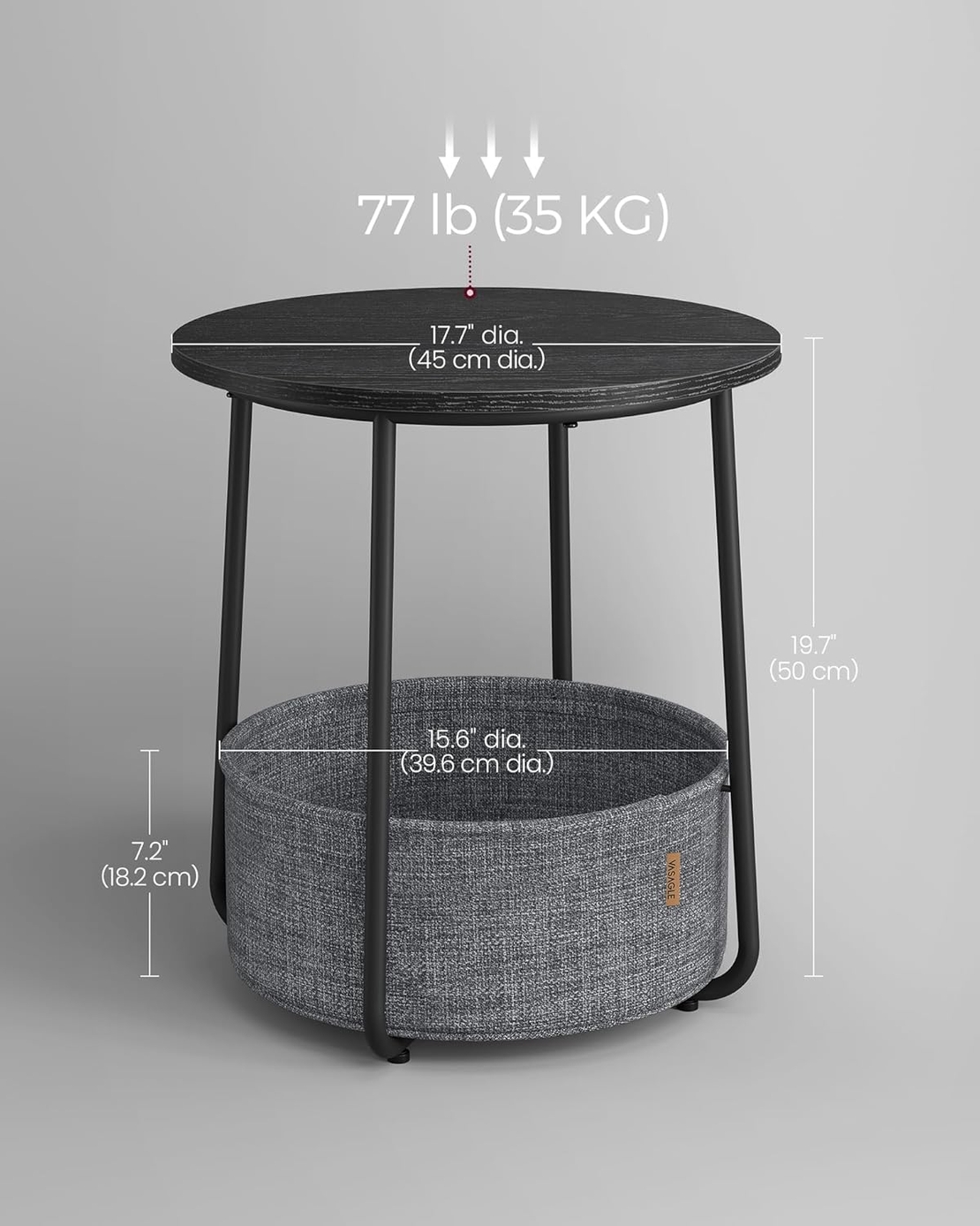 VASAGLE Masuta de cafea rotunda cu cos de stofa, stil modern, 45x50cm, negru-gri