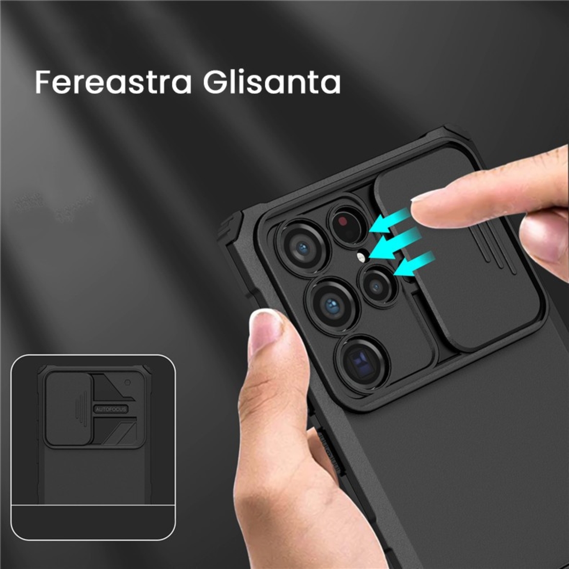 Husa Defender cu Stand pentru Samsung Galaxy S24 FE, Vafy, Suport reglabil, Antisoc, Protectie glisanta pentru camera, Negru