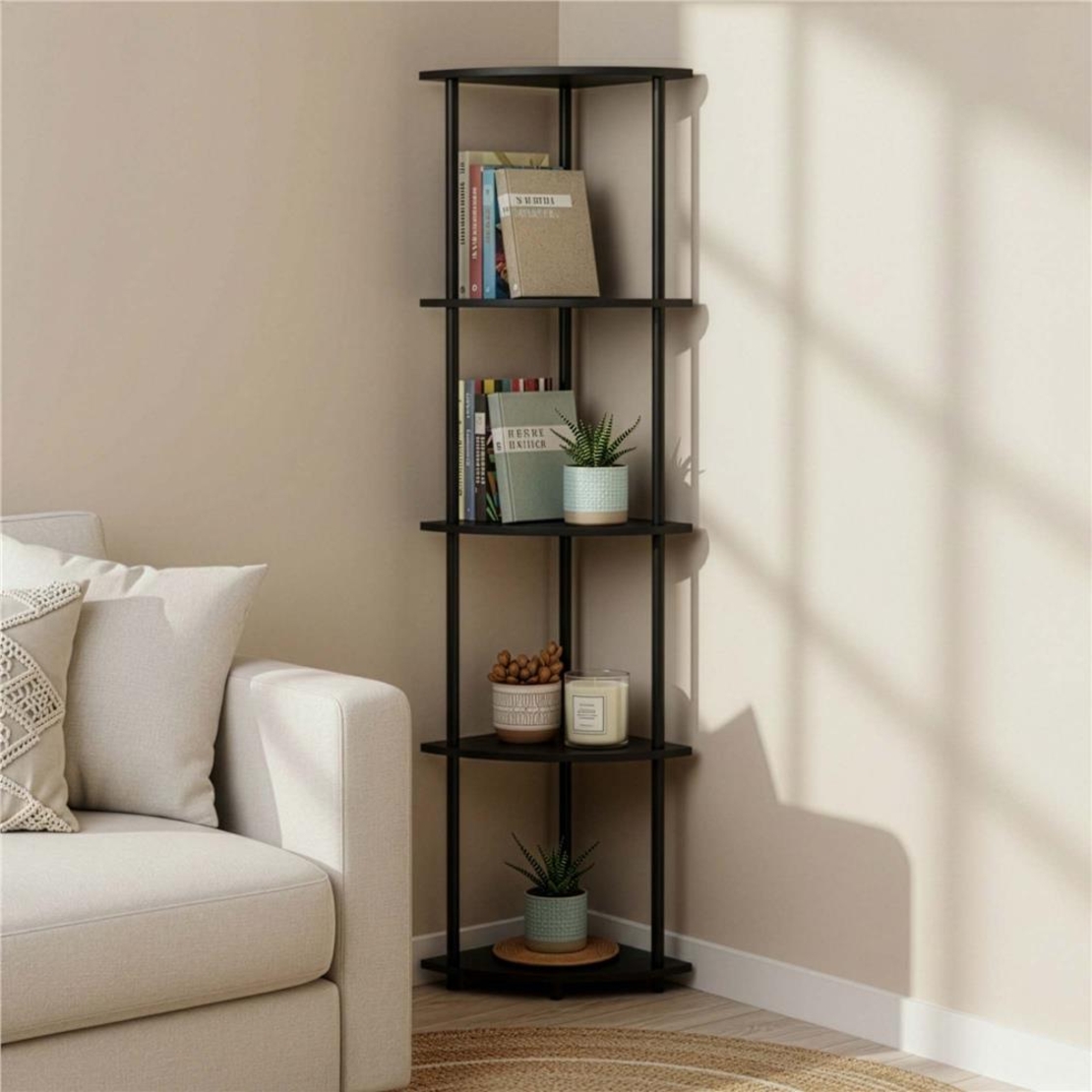 Raft de colt cu 5 polite, MDF, cadru metalic, 148x30x30 cm, negru