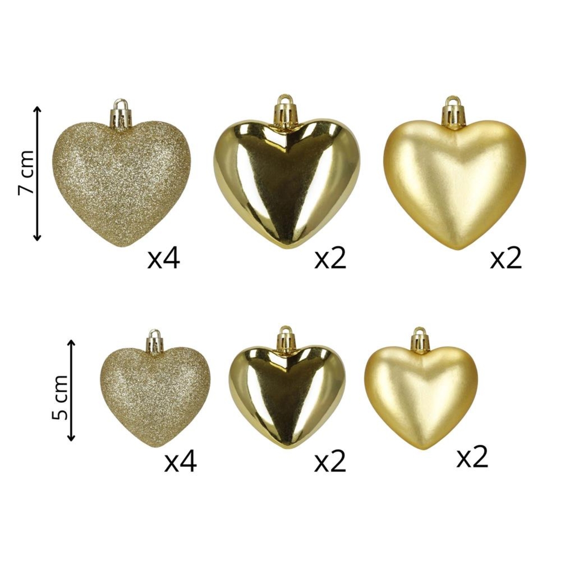 Set globuri decorative in forma de inima, 16 bucati, plastic, 4-7 cm, auriu