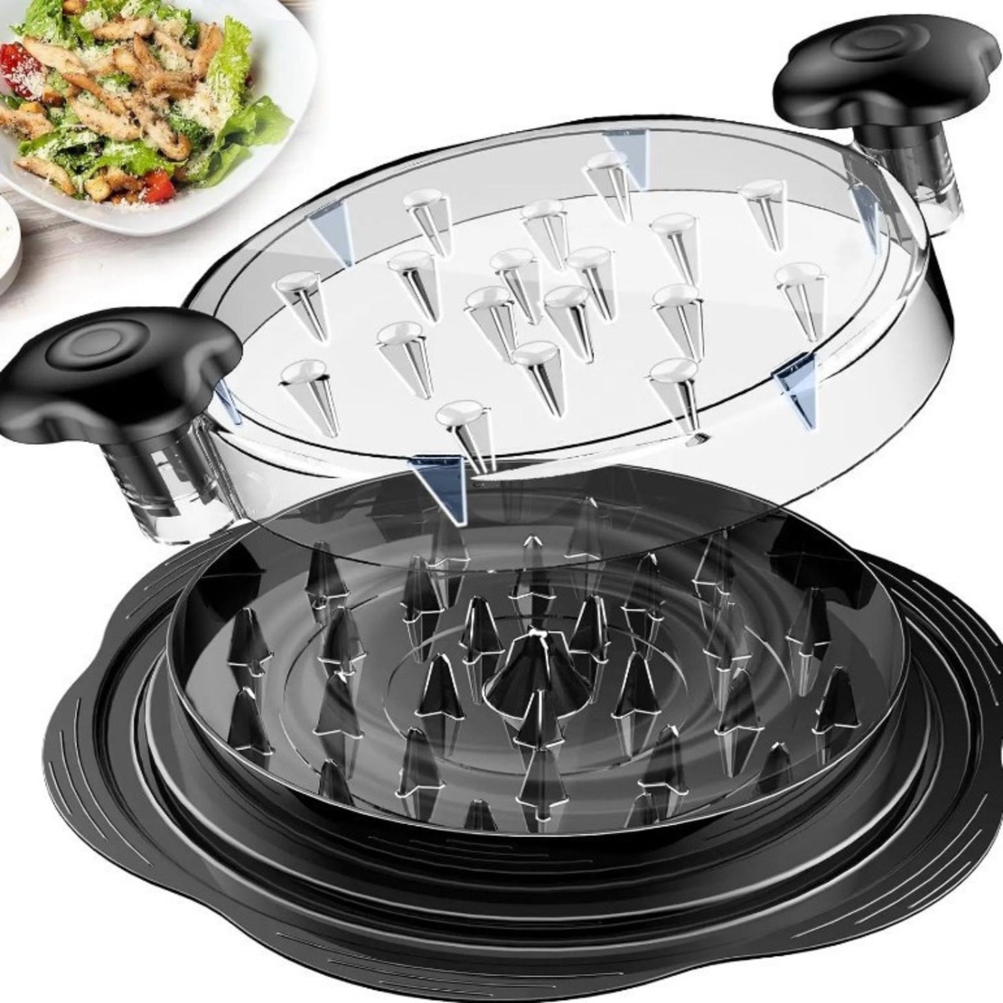 Tocator Manual pentru Carne, Vafy, cu Capac Transparent, Tocator de Pui Antiderapant, Manere Ergonomice, 25 x 25 x 5.5 cm, Negru