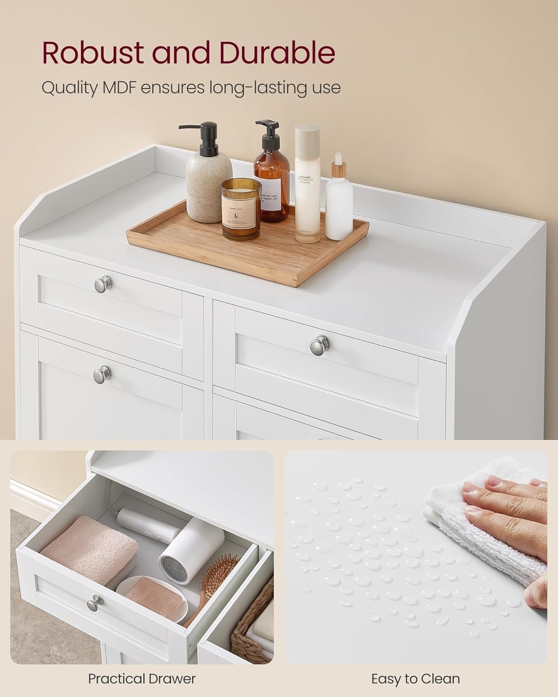 VASAGLE Dulap baie de podea, 2 cosuri de rufe integrate cu saci detasabili, 2 sertare, 79x40x80 cm, alb