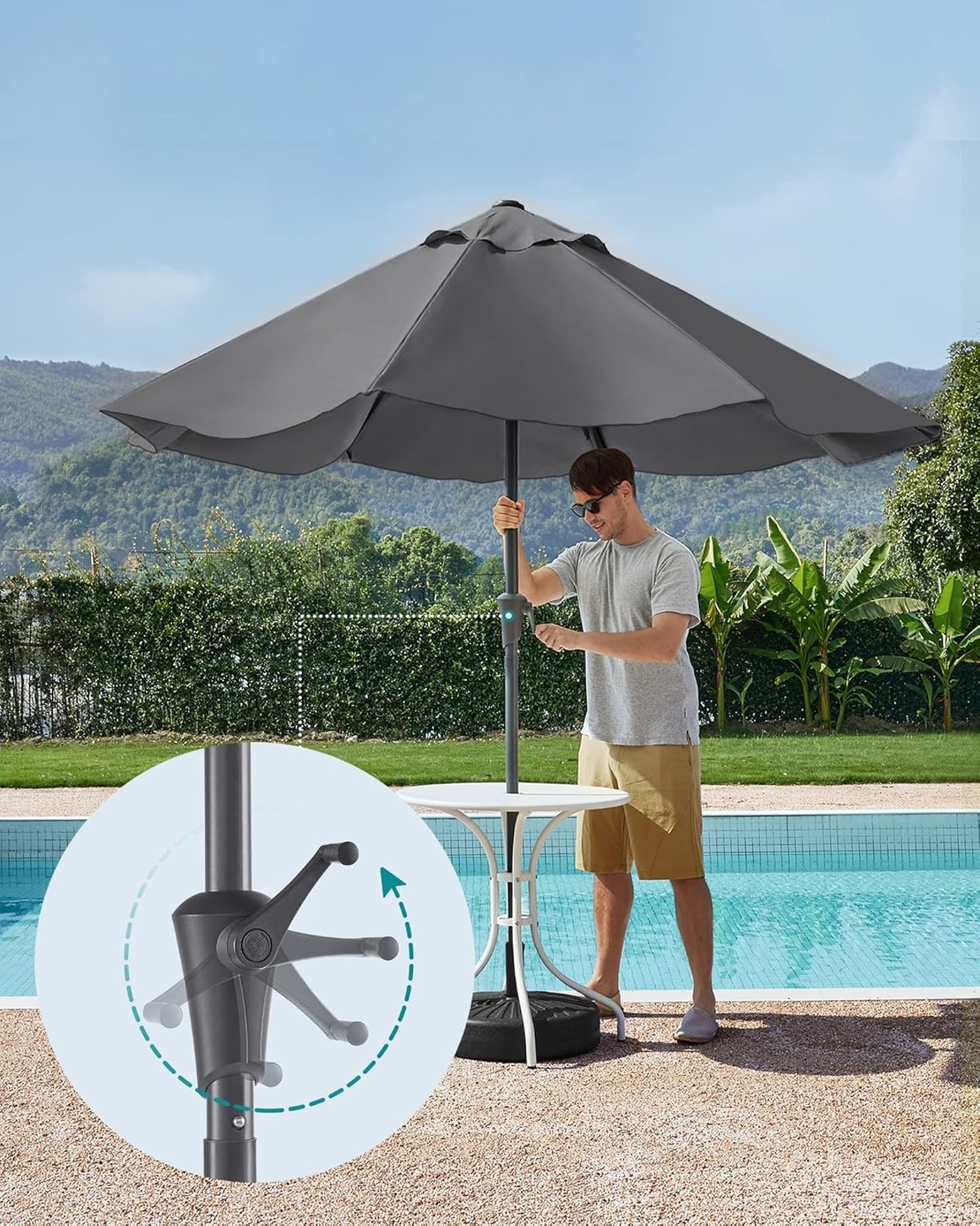 SONGMICS Umbrela de gradina cu manivela, 330 cm, UPF 50+, inclinare 30°, structura metalica cu 8 spite, gri