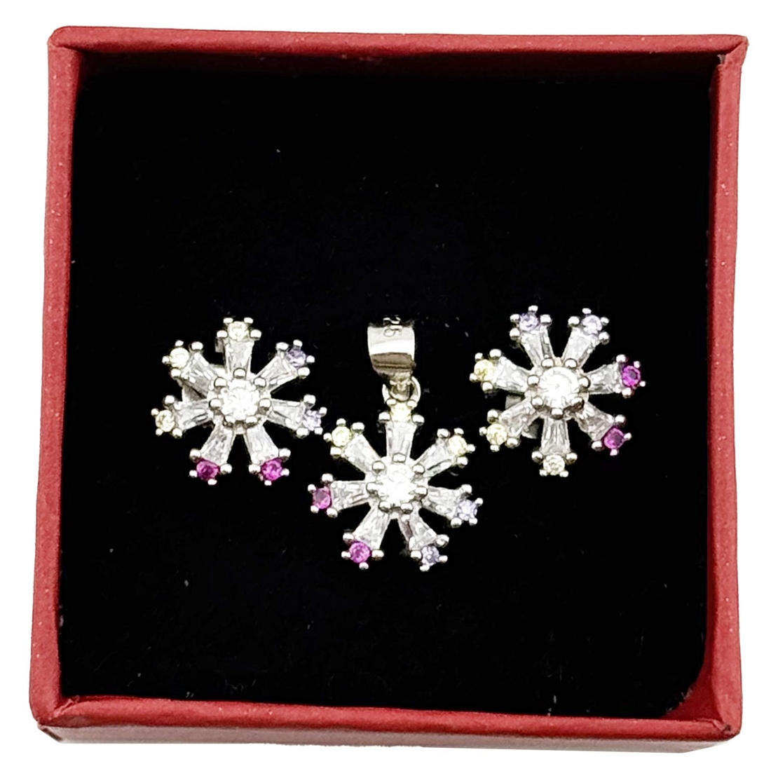 Set Pandativ cu Cercei pentru Dama, Jolie, Argint 925, Model Floare cu Margini Colorate, 4.48 g, 1.5 cm x 1.7 cm, Argintiu/Multicolor