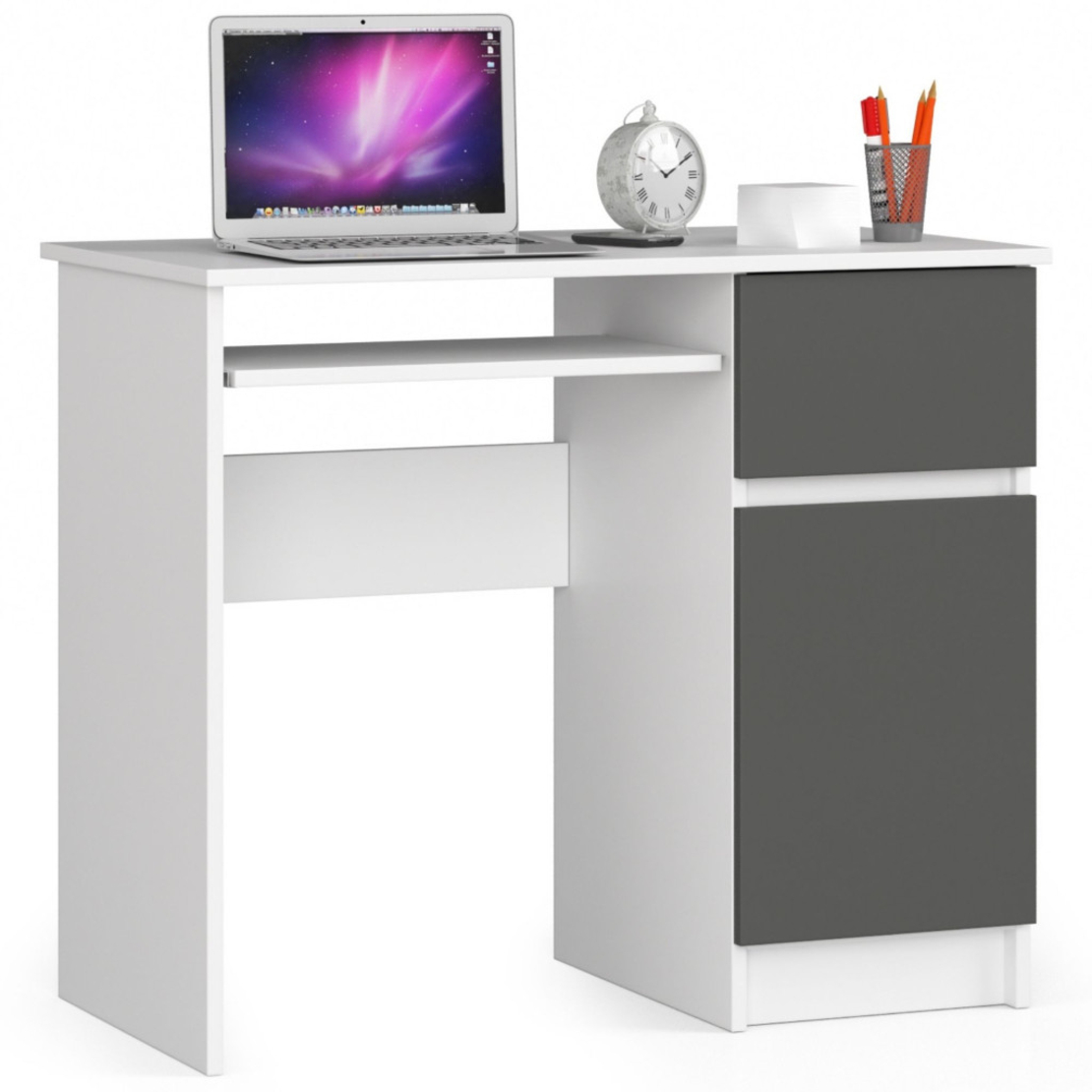 Birou computer PIKSEL, cu sertar, dulap si raft pentru tastatura, dreapta, 90x50x77 cm, alb si gri