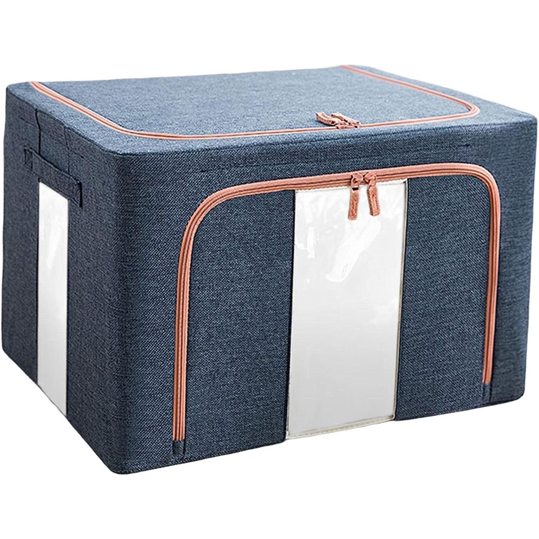 Cutie de Depozitare Pliabila, Flippy, Cu Fermoar, 24 L, Textil, 40x30x20 cm, Cadru Metalic, Suport Baza Stabil din Plastic, Albastru Marin cu Doua