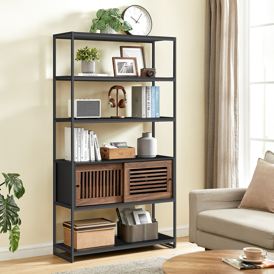 VASAGLE Biblioteca cu 5 rafturi si dulap, rama metalica si finisaj MDF nuc, 100x35x180 cm, negru