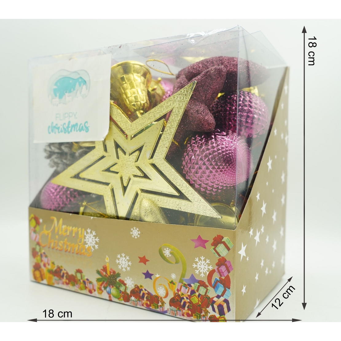 Set de 50 ornamente de brad, Flippy, de tip Glob, Rosu/ Auriu, din plastic, cu finisaj sclipitor , cutie 18 cm lungime x 12 cm adancime x 18 cm inaltime