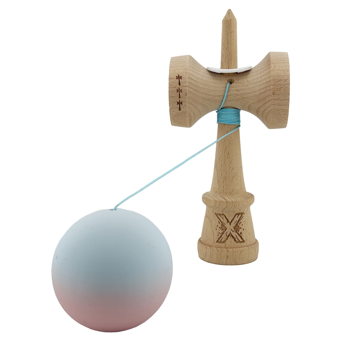 Kendama X Originala, Profesionala, Flippy, Cupe Mari KING SIZE V3, Rubber Grip, Gaura in Baza, Rulment Metalic, din lemn 18 cm, Ata 62/65 cm, Gradient Albastru deschis/Roz