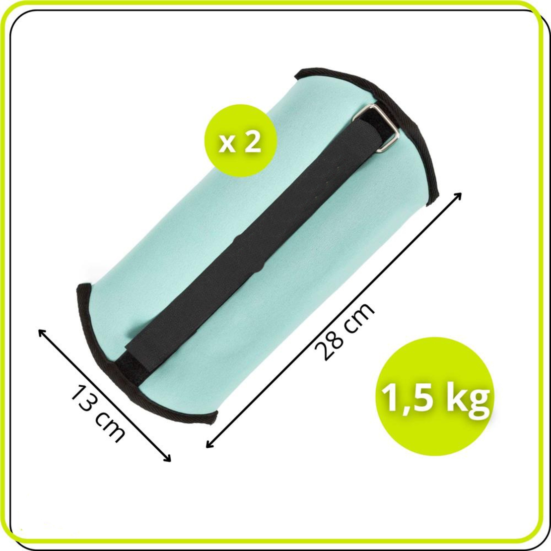 Greutati pentru incheietura mainii si glezna 2x1,5 kg, neopren si nisip fier, 28x13 cm, verde menta