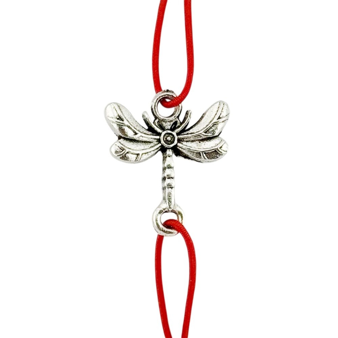 Martisor Bratara Elastica cu Pandantiv din Inox, Jolie, pentru Dama, Set 12 bucati, Snur Rosu Textil, Model Libelula