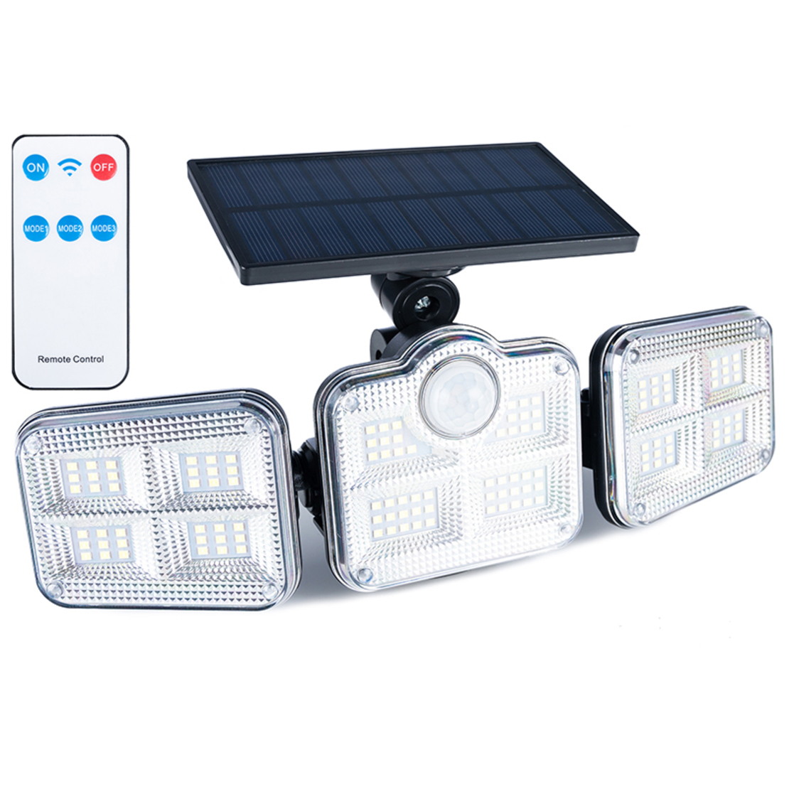 Proiector LED solar modular cu 3 lampi, senzor de miscare, 122LED-uri, cu telecomanda