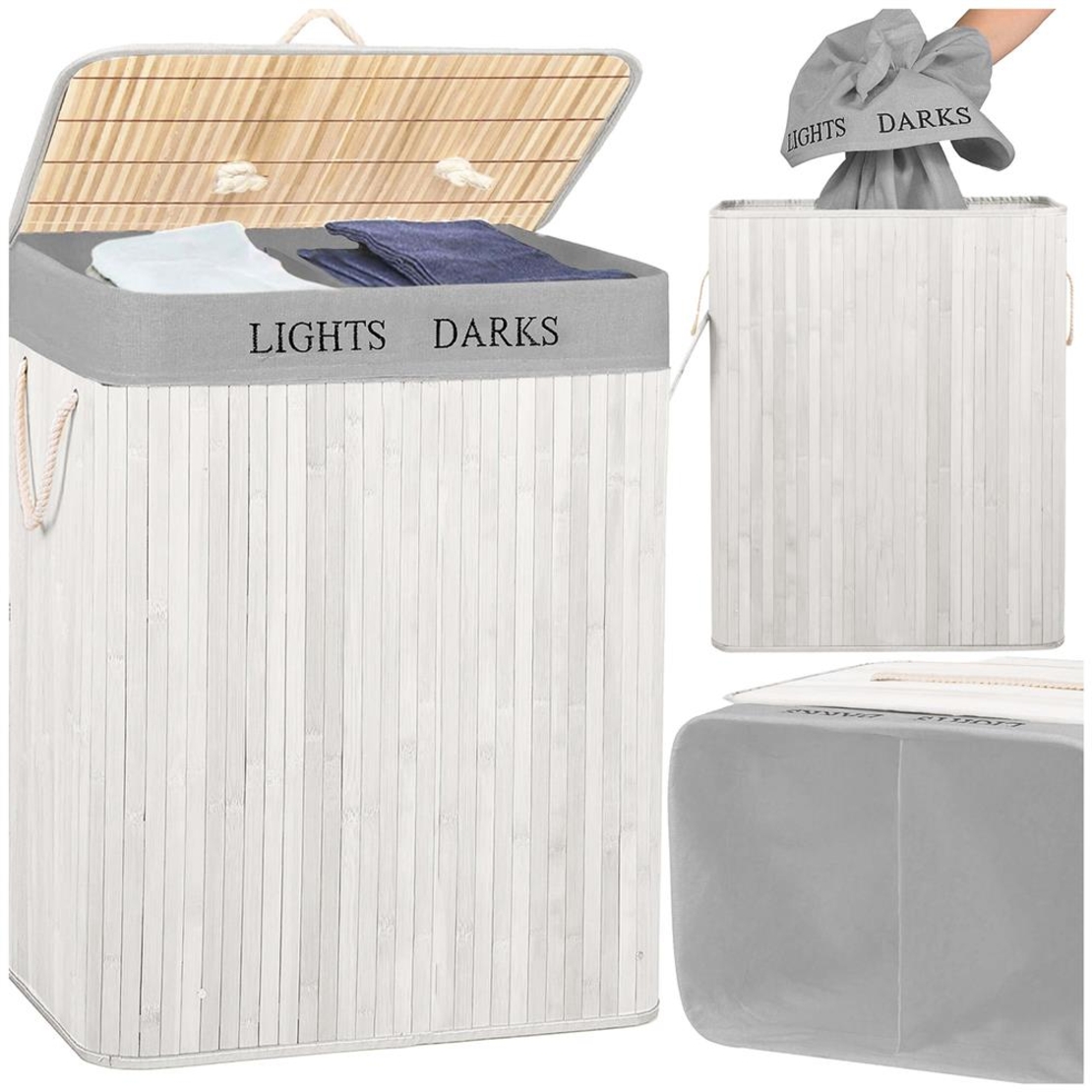 Cos pentru rufe din bambus, pliabil, cu 2 compartimente, volum 105 L, 63x52x33 cm, alb si gri