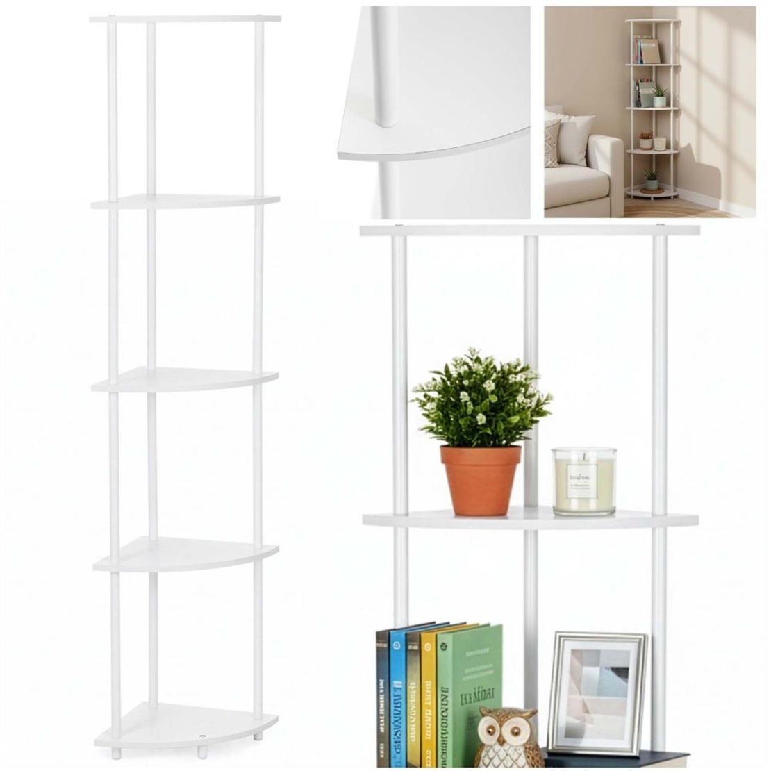 Raft de colt cu 5 polite, MDF, cadru metalic, 148x30x30 cm, alb