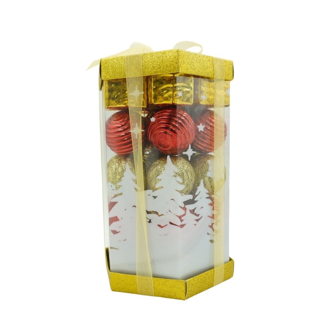 Set de 35 ornamente de brad, Flippy, de tip Glob, Rosu/ Auriu, din polistiren, cu finisaj sclipitor , cutie 11 cm adancime x 19 cm inaltime x 11 cm lungime)