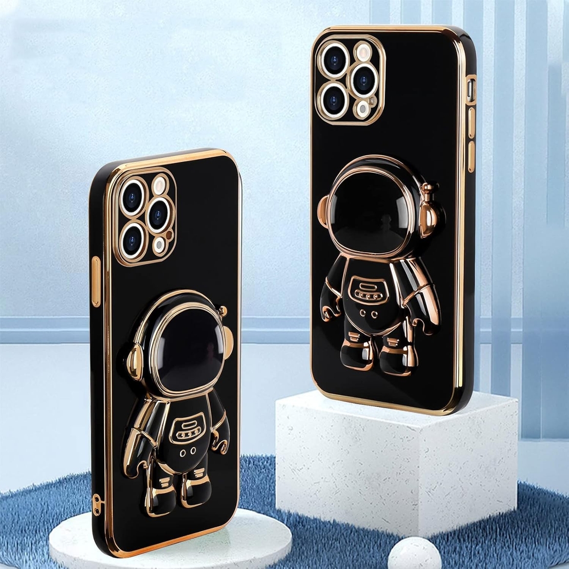 Husa de Protectie TPU 2in1, Vafy, pentru Apple iPhone 14 Pro, Astronaut cu Suport, Antisoc, Rezistenta la Impact, Protectie Camera, Negru
