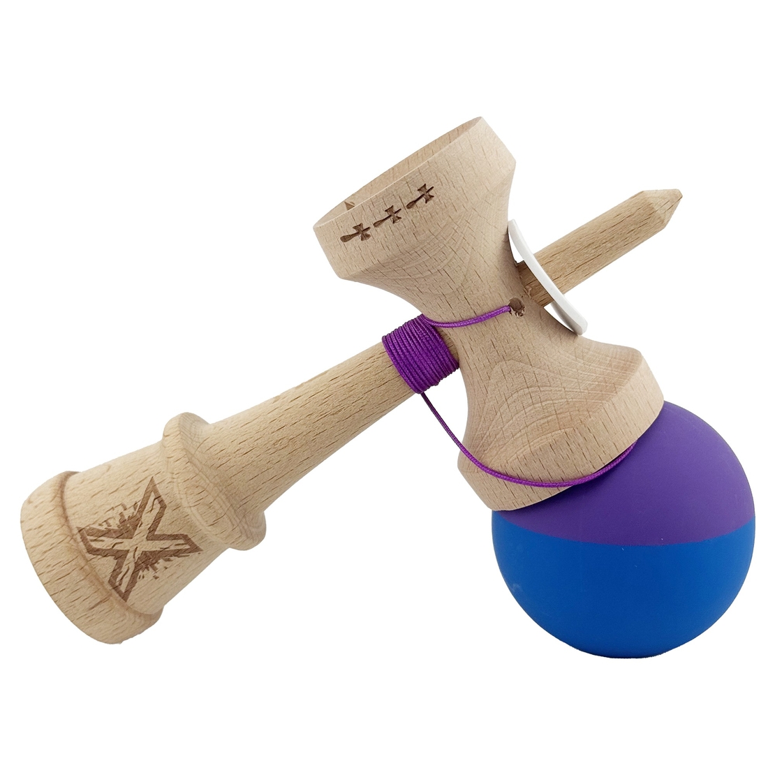 Kendama X Originala, Profesionala, Flippy, Rubber Grip, Cupe Mari KING SIZE V3, Gaura in Baza, Rulment Metalic, din lemn 18 cm, Ata 62/65 cm, Bicolor Mov/Albastru