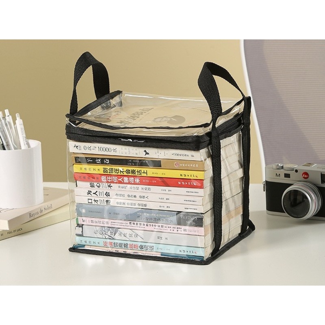 Cutie de Depozitare, Flippy, din PVC + Textil, Rezistenta la Apa, Geanta pentru Carti, 23x17x28 cm, Transparent-Negru