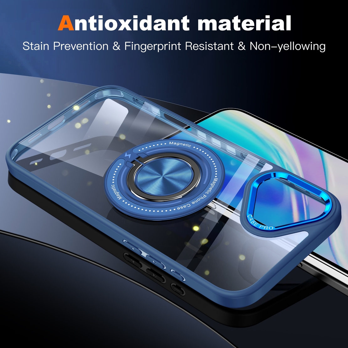 Husa de Protectie TPU, Vafy, pentru iPhone 16 Plus, cu Incarcare Wireless, Tehnologie Magsafe, Inel Magnetic Rotativ cu Functie de Suport, Transparent-Albastru Inchis