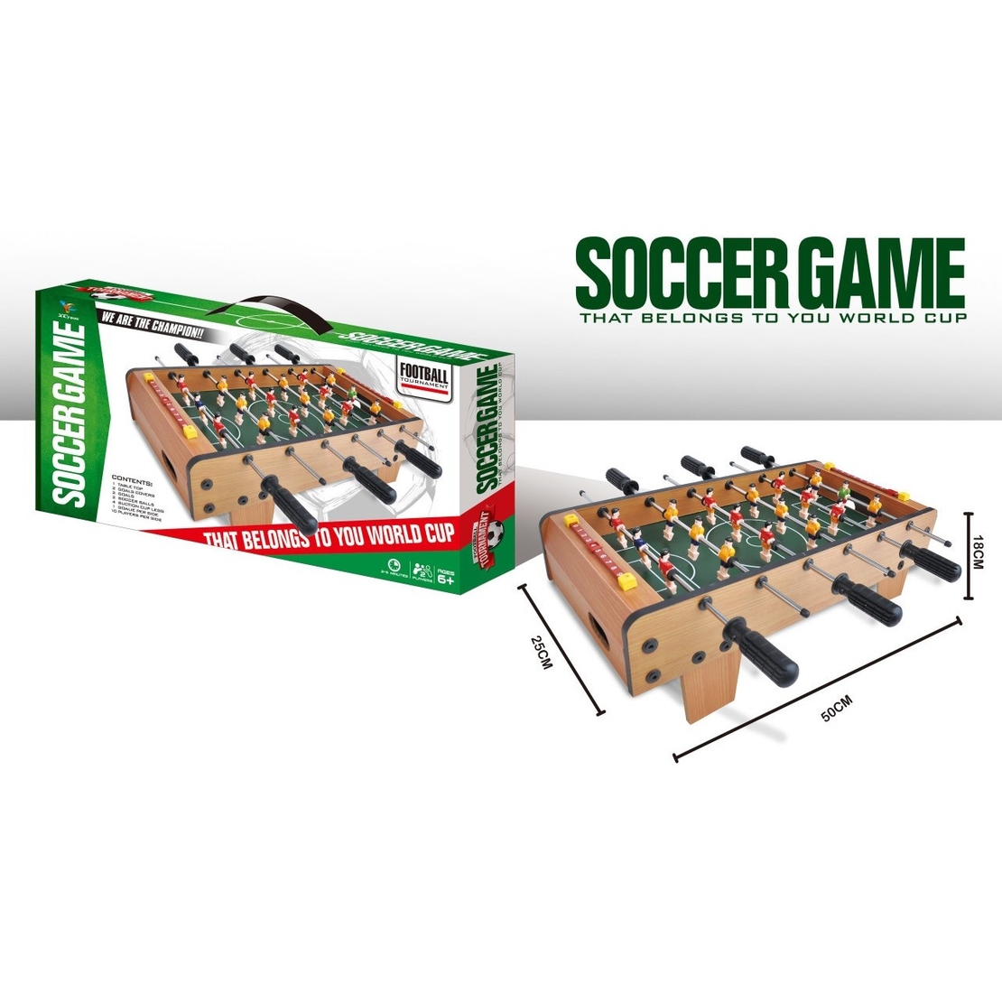 Masa de Fotbal cu Teren, Flippy, cu Picioare Scurte, 6 Manere, Tablou de Scor, 50 x 25 x 18 cm, din Lemn/Otel/ABS, Maro