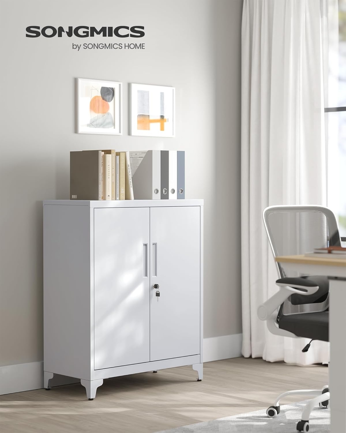 SONGMICS Dulap birou metalic cu 2 usi si sistem de inchidere, multifunctional cu rafturi reglabile, 40x80x90 cm, gri
