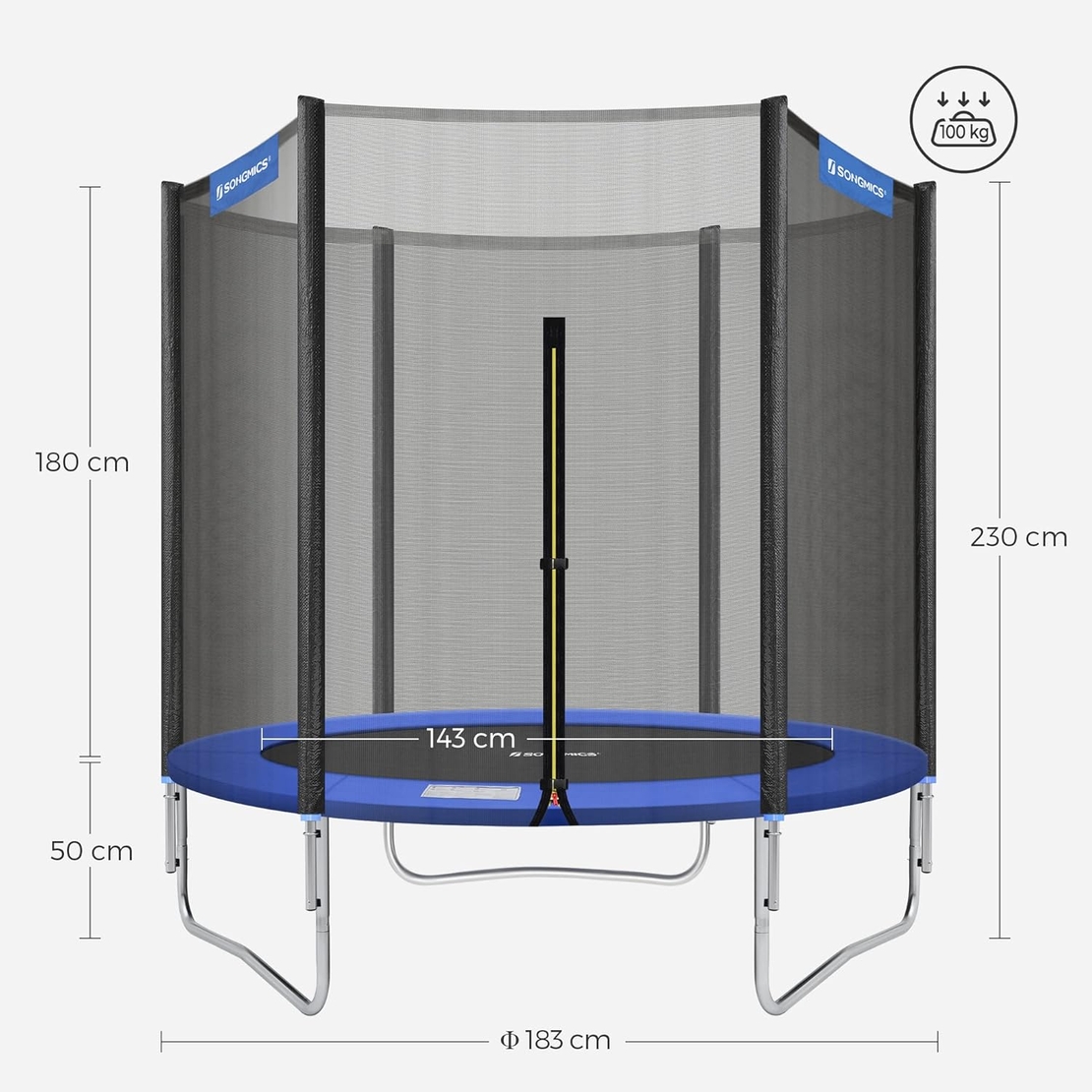 SONGMICS Trambulina pentru copii cu plasa de protectie exterioara, diametru 183 cm, 100 kg, albastru
