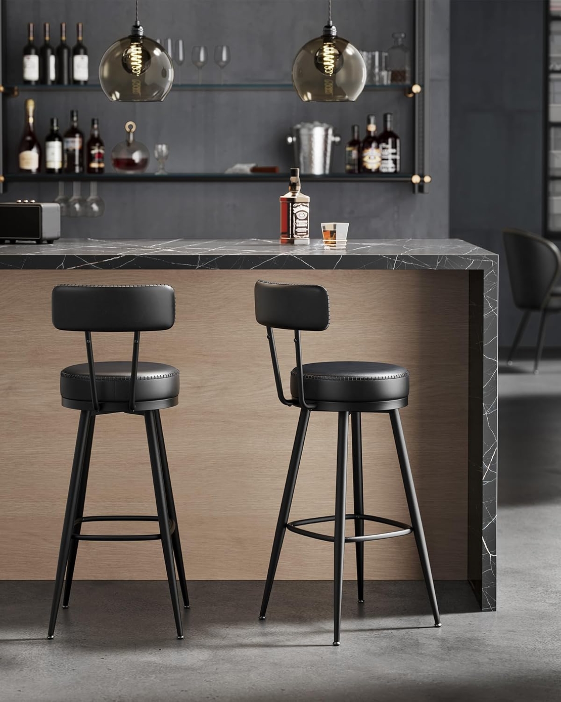 VASAGLE set 2 scaune de bar rotative 360°, cu spatar, inaltime 101 cm, piele sintetica, cadru otel, stil modern, negru