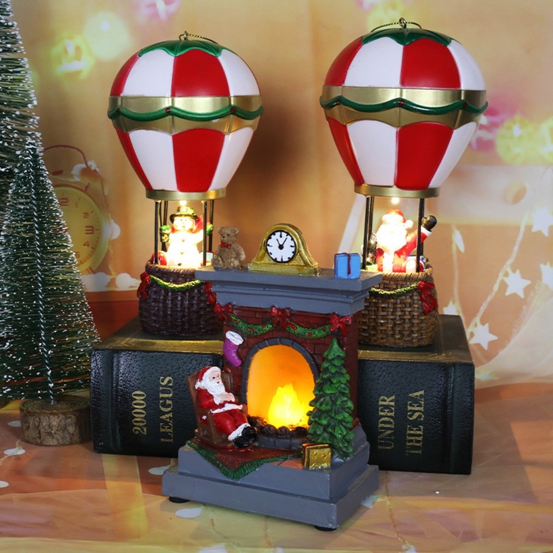 Decoratiune de Craciun tip Balon cu Aer Cald, Flippy, Balon cu Om de Zapada, din Rasina, Model Balon cu Aer Cald si Om de Zapada Iluminare LED, 17 x 5 x 5 cm, Gri Rosu