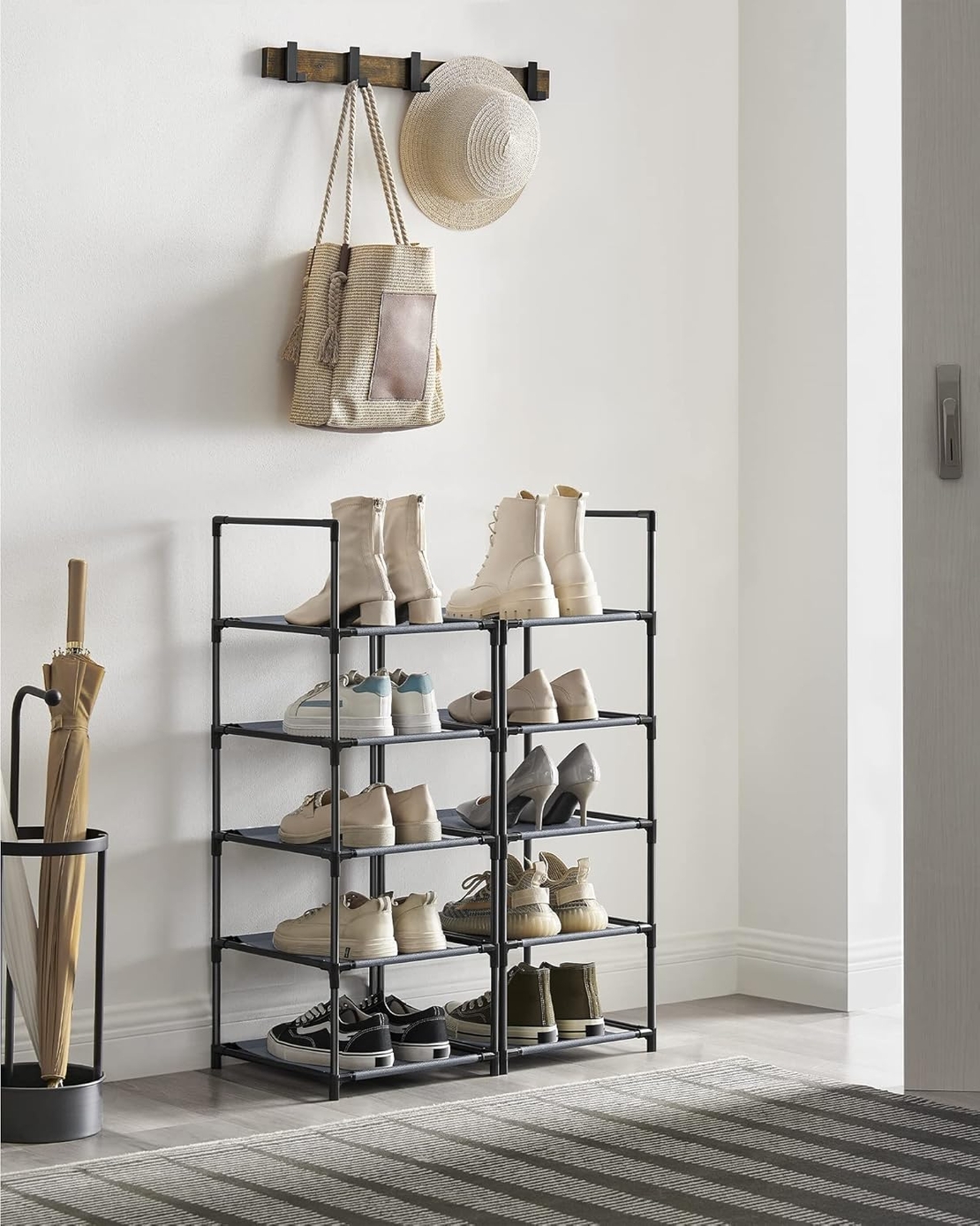 SONGMICS Suport pentru pantofi cu 10 nivele, cadru metalic, rafturi din textil, 33x33x173cm, gri
