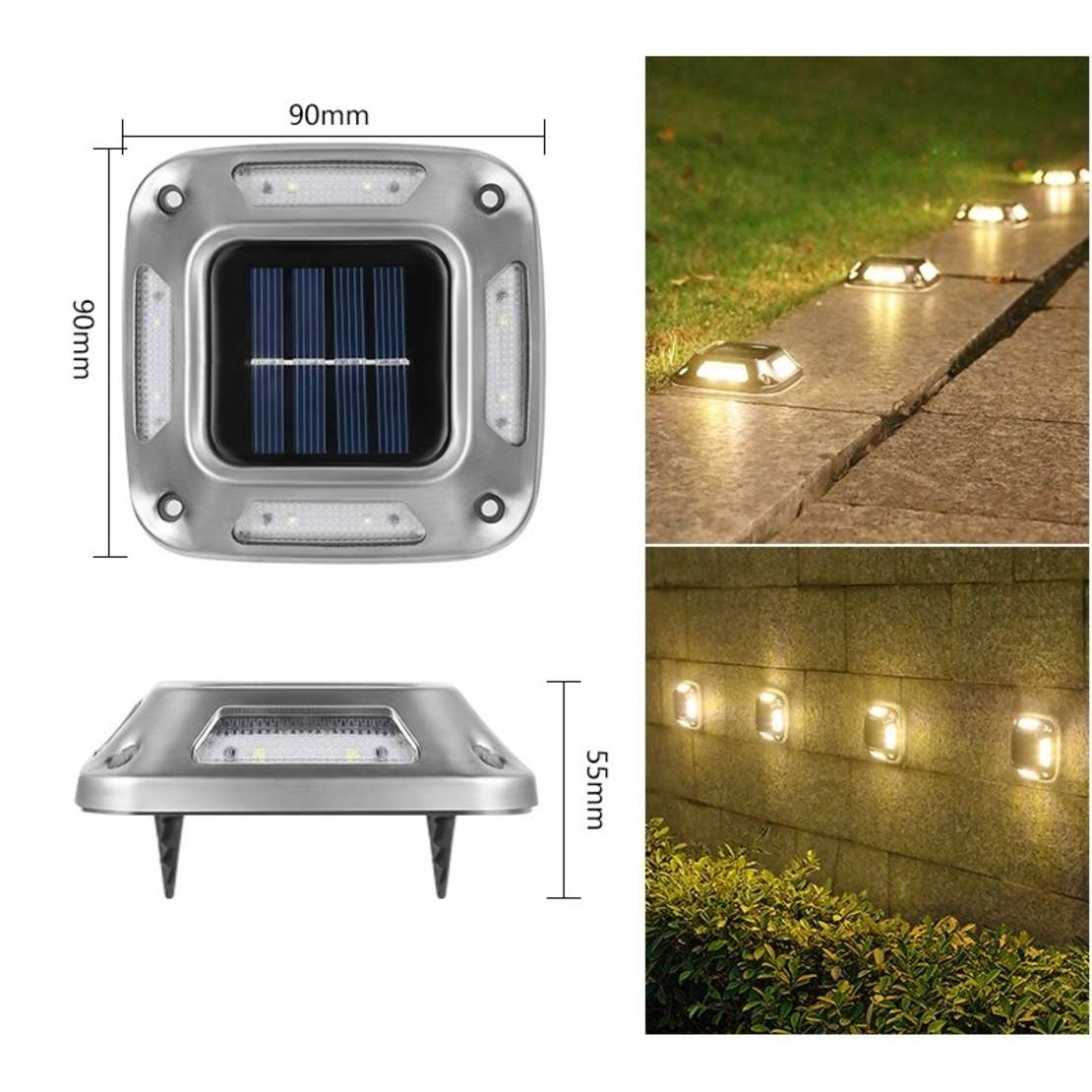 Lampa solara LED pentru gradina, Flippy, Set 4 Bucati, 8 LED-uri, Prindere de Perete / Impamantare, IP65, forma patrat, ABS si Policarbonat, 9 x 9 cm, baterie 1.2V, 600 mah, Alb Cald, Gri
