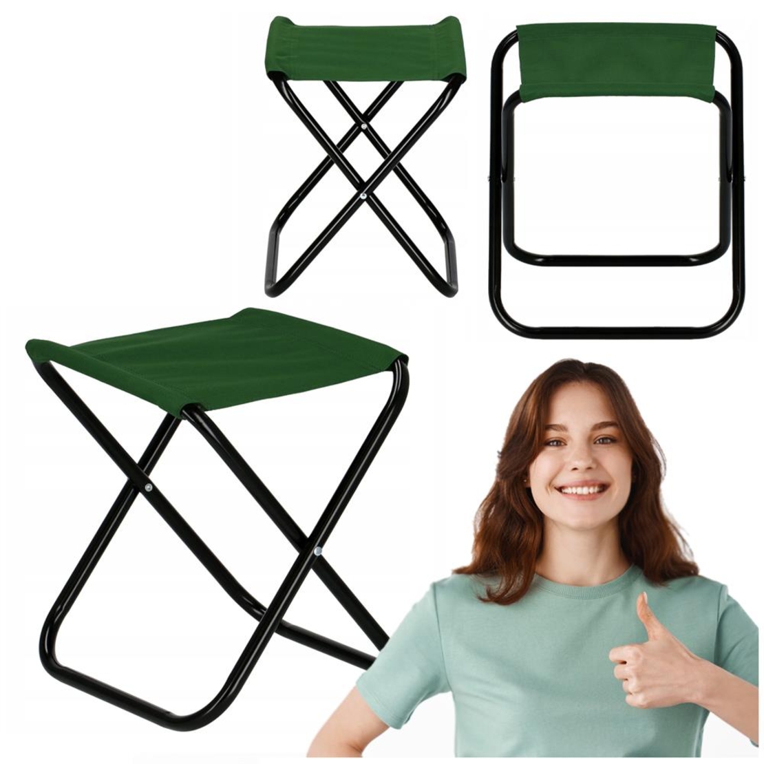 Scaun pliabil pentru camping sau pescuit, cadru metalic, maxim 100 kg, 26x26x34 cm, verde
