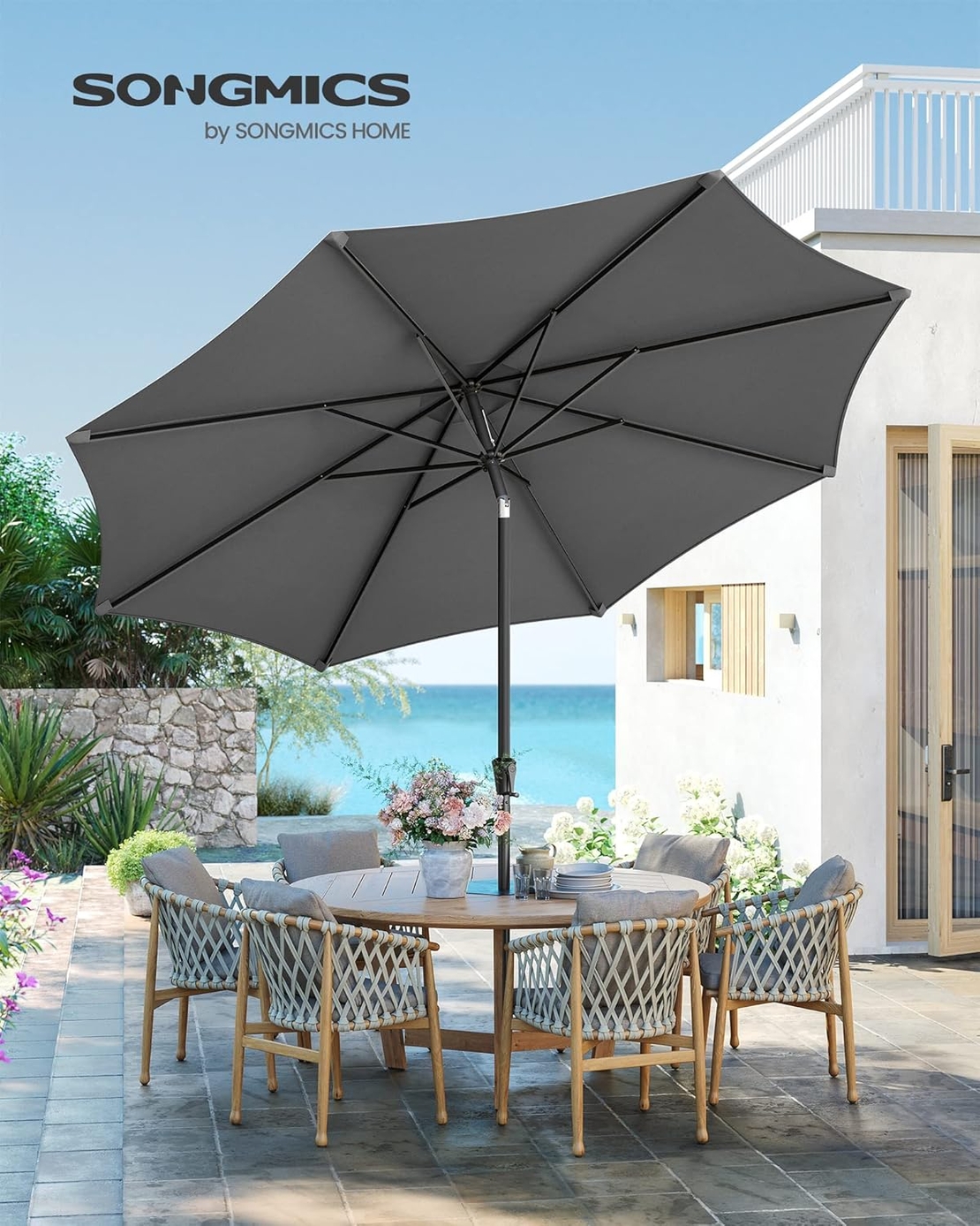 SONGMICS Umbrela de gradina cu manivela, 330 cm, UPF 50+, inclinare 30°, structura metalica cu 8 spite, gri