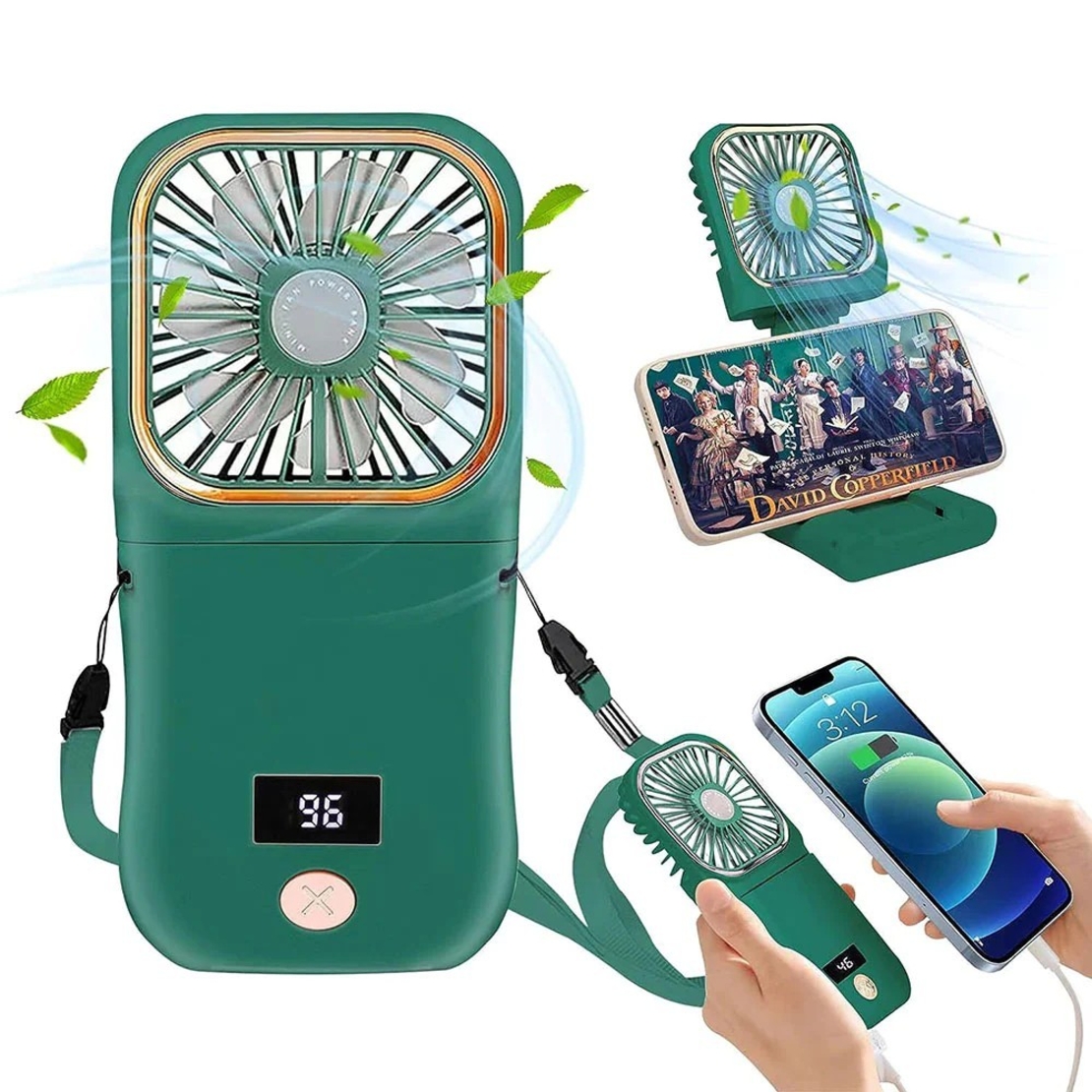 Ventilator Portabil Vafy, 3 in 1, de Mana, de Gat, de Birou, 16.7 x 8 x 1.9 cm, 3 Trepte de Viteza, Incarcare USB, Pliabil, Afisaj Digital, Suport Telefon, Verde