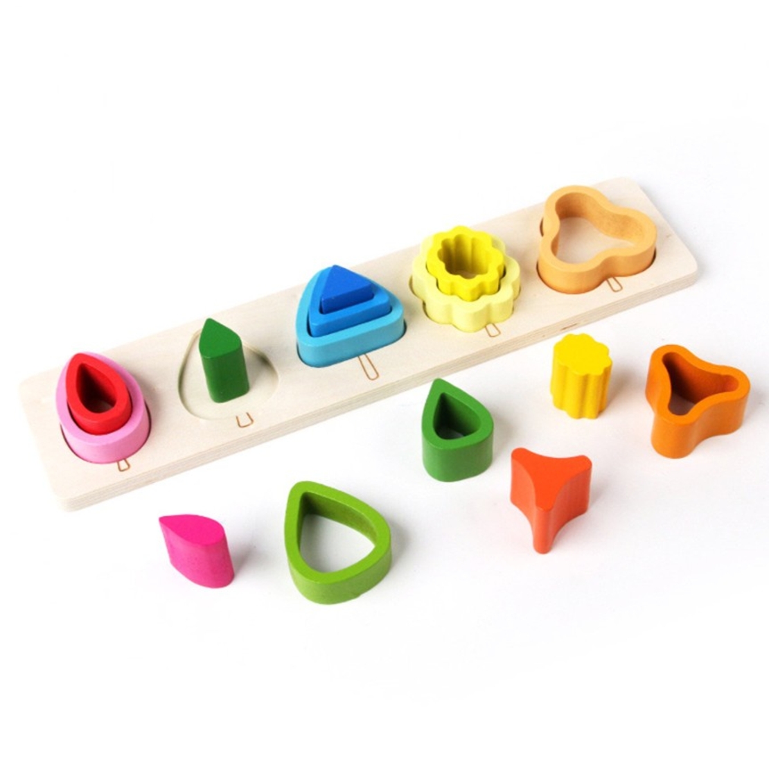 Jucarie Montessori din Lemn, Flippy, Tip Puzzle, cu 5 Forme Asimetrice, 15 Piese, Educativa, Interactiva, Creativa, Model Copaci, Materiale Non Toxice, +2 Ani, 29x6.5 cm, Multicolor
