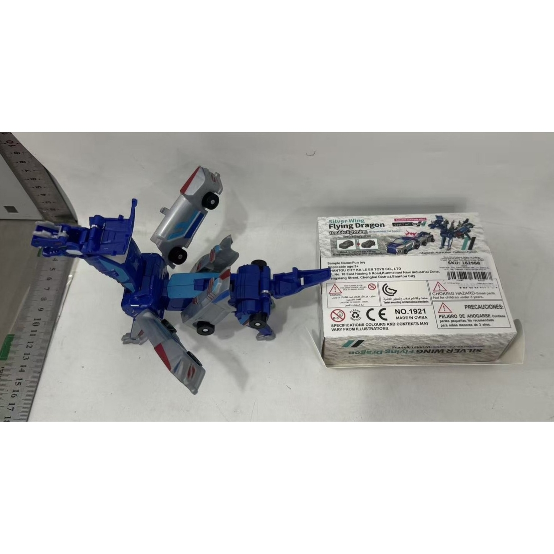 Jucarie Transformabila 2in1, Flippy, Silver Wing Flying Dragon, Masina/Dragon, Atractie Magnetica, +6 Ani, din ABS, Albastru
