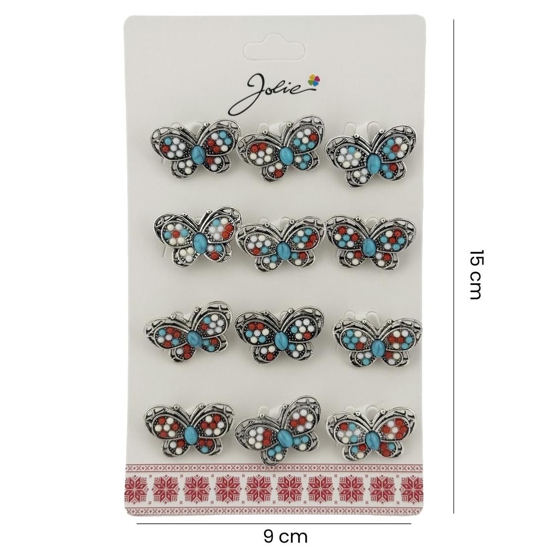 Brose Martisor Primavara, Jolie, Set 12 Bucati, Model Fluture cu Pietre, Brosa din Metal, 3 x 2 cm per Bucata, Argintiu