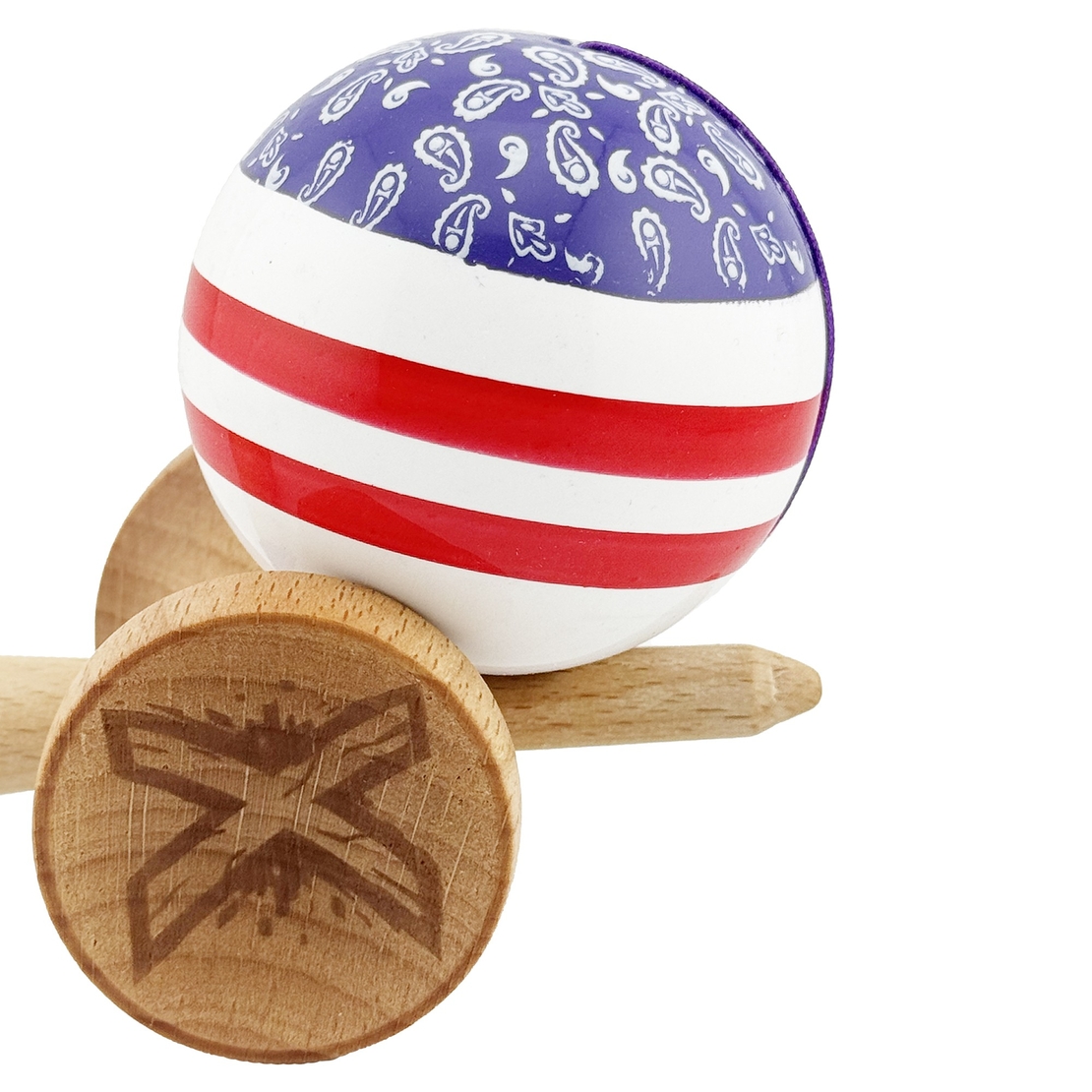 Kendama X CHICANOS Originala, Profesionala, Flippy, Big Cups V2, Super Sticky cu Cupe Mari, Rulment Metalic, din lemn 18 cm, Ata 55 cm, Violet/Alb