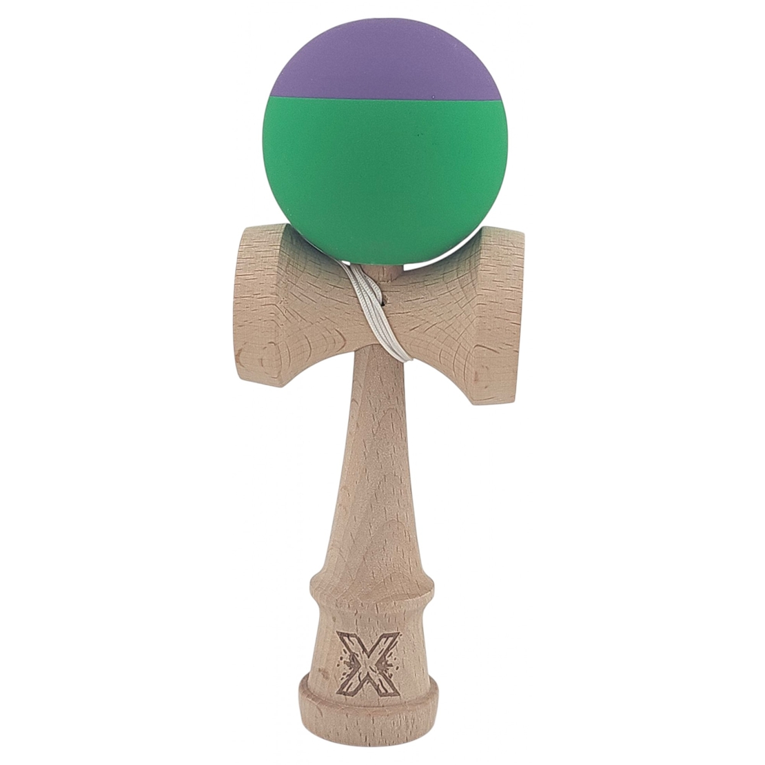 Kendama X Originala, Profesionala, Flippy, din Lemn, Rubber Grip, 18 cm, Verde/Mov