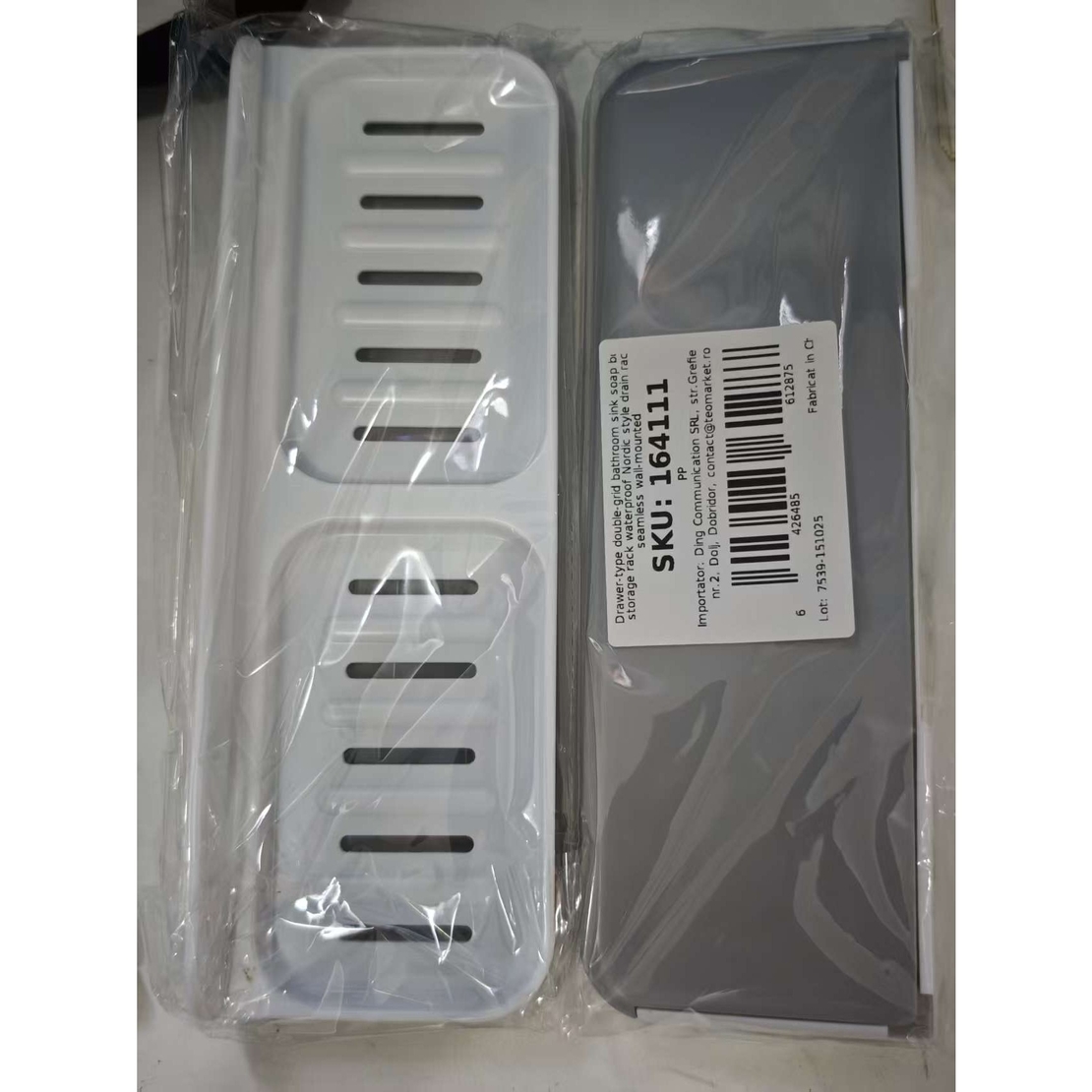 Savoniera Dubla, Flippy, de Perete, cu Compartiment de Scurgere, Montare prin Lipire, 26 x 8 x 4 cm, Alb/Gri