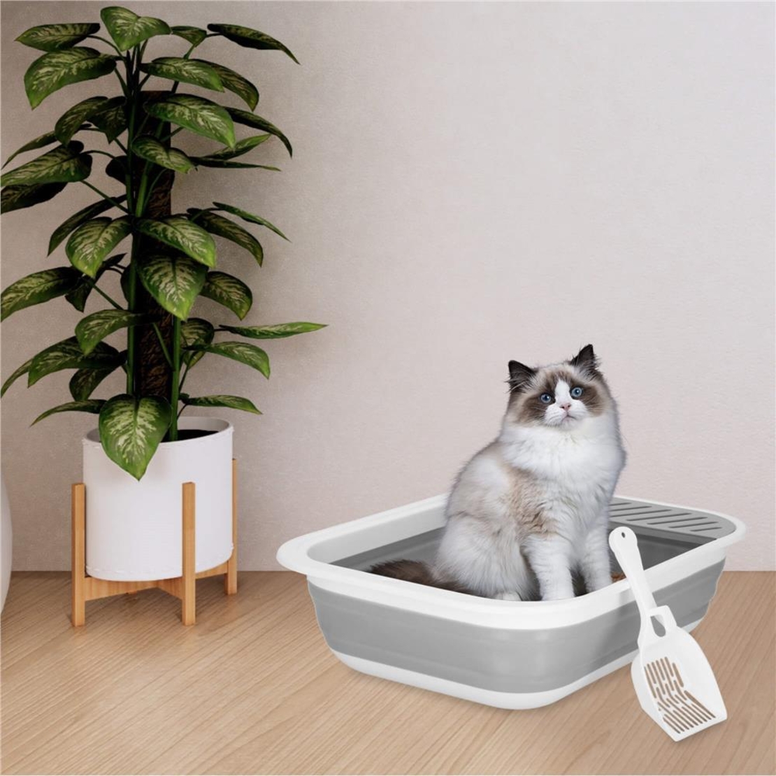 Litiera pliabila pentru pisici cu lopatica si capac, 45x34x12 cm, gri si alb