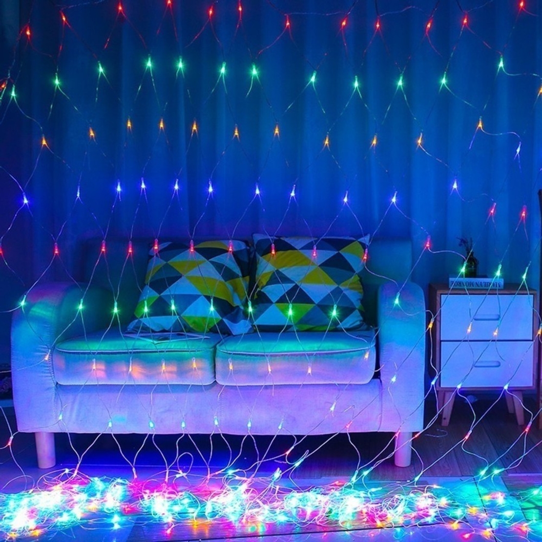 Instalatie Craciun, Tip Plasa, IP 44, 2 x 1 m, 80 LED-uri, Multicolor, 8 jocuri de lumini, Transformator cu telecomanda, Interconectabila, Prelungitor 3 m inclus, Fir transparent, Vafy